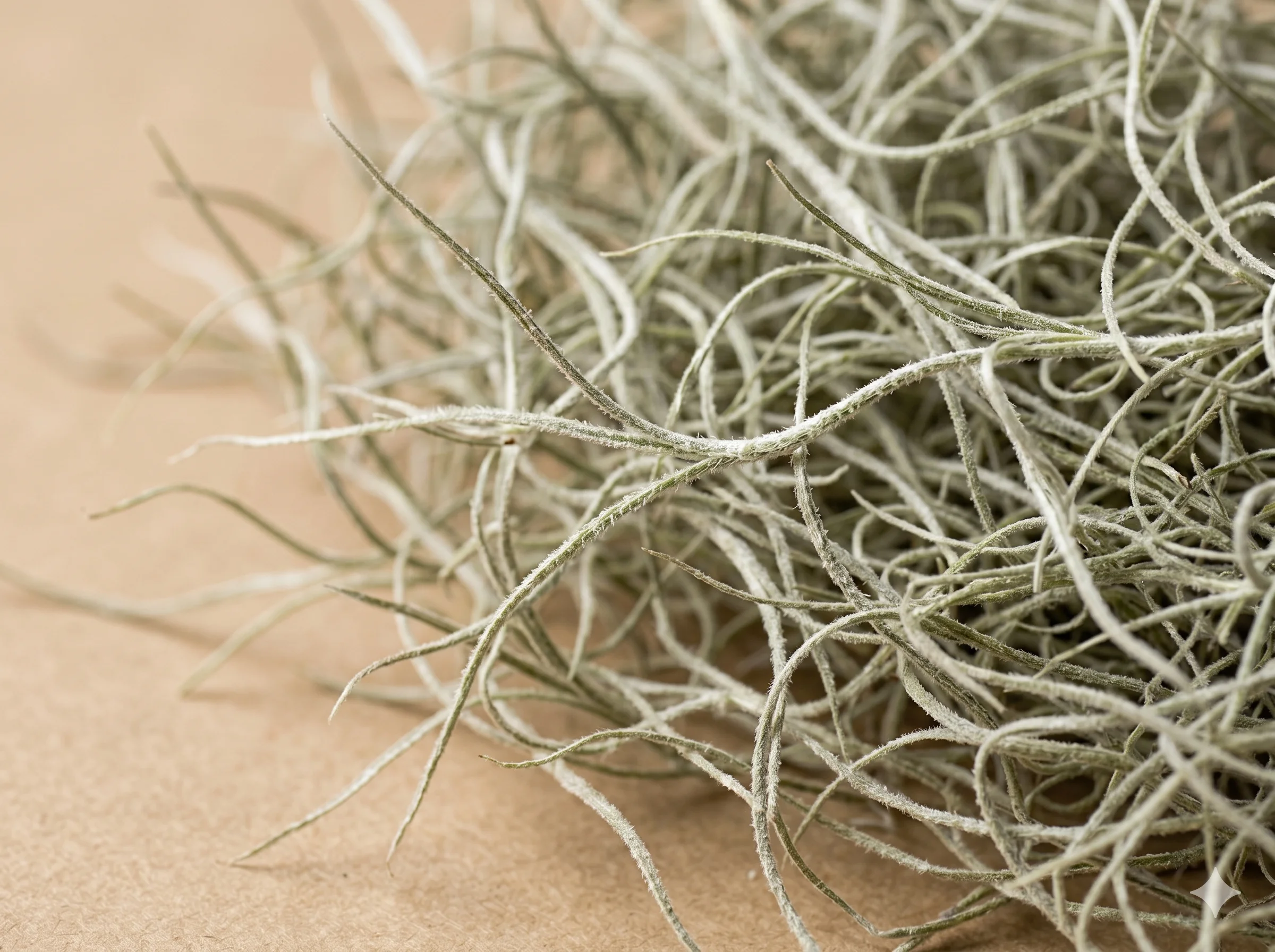 Macro close-up of dried Spanish moss strands on kraft paper, clean and insect-free