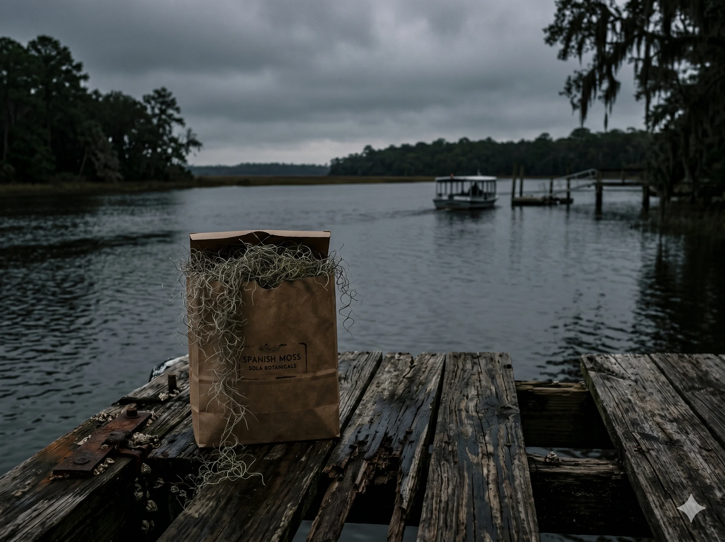 Daufuskie Island Spanish moss bag on a weathered dock with water and ferry in background