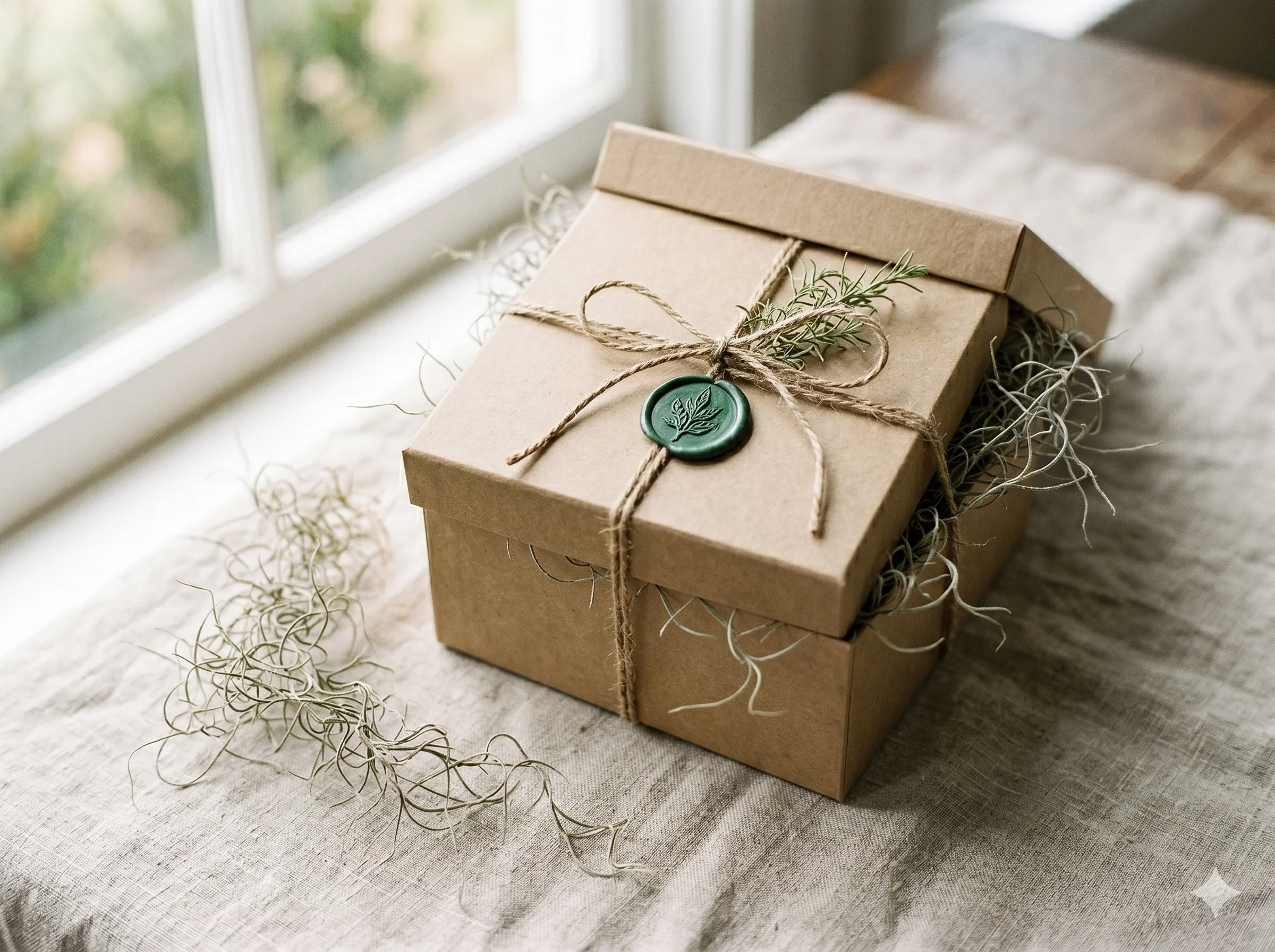 Premium kraft gift box with wax seal and Spanish moss, Lowcountry Moss Co.