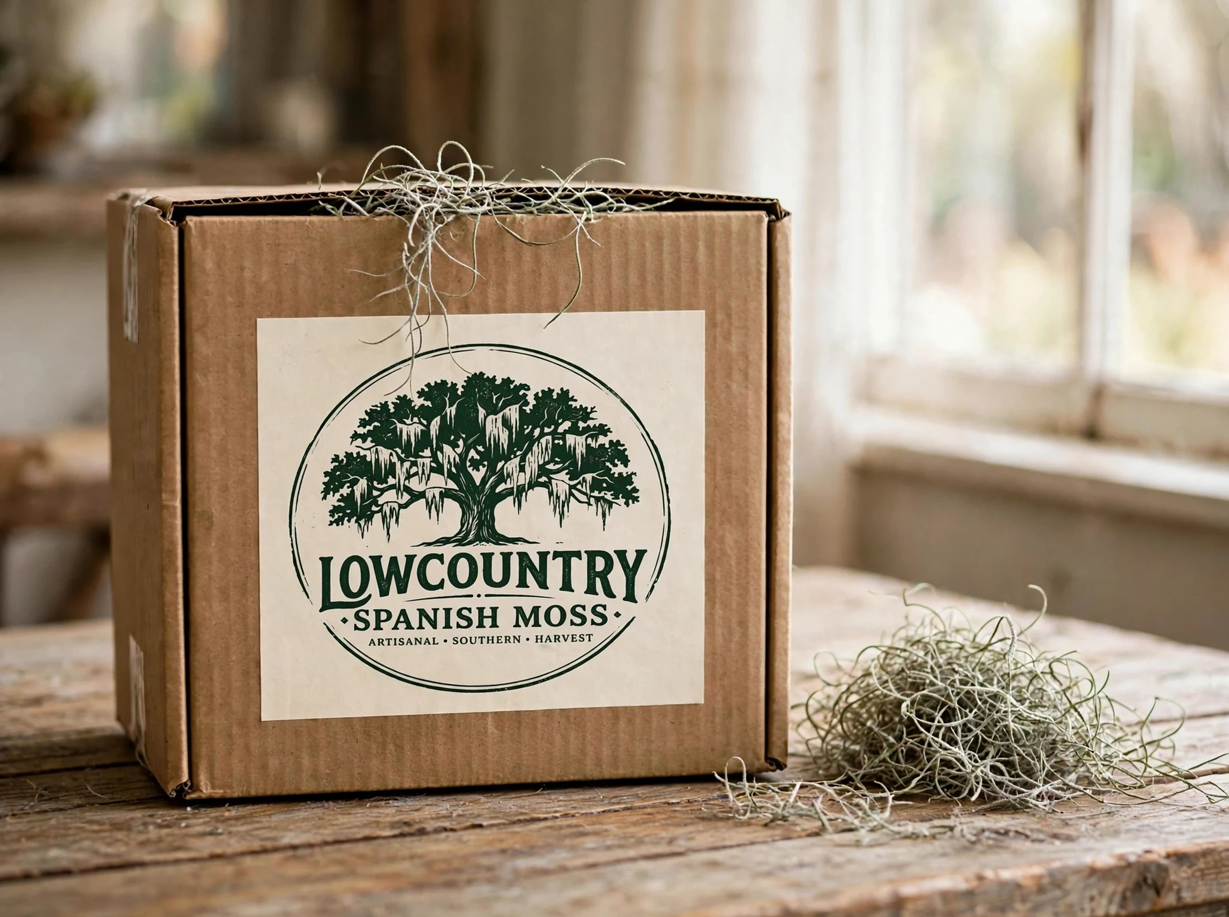 Florist Case of Savannah Spanish moss, plain corrugated case with a large cream label