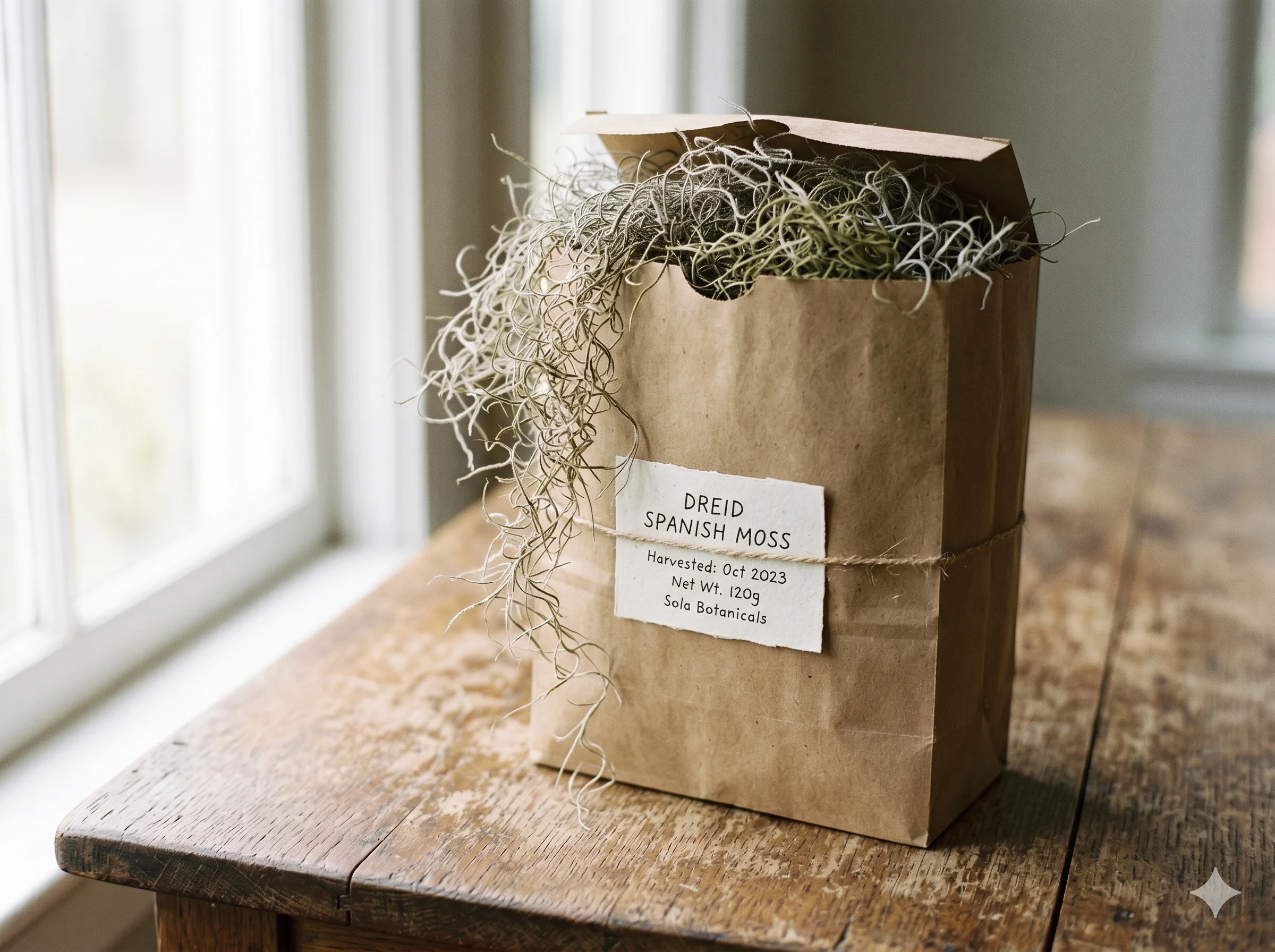 Savannah Spanish moss in a kraft paper bag on a wooden surface