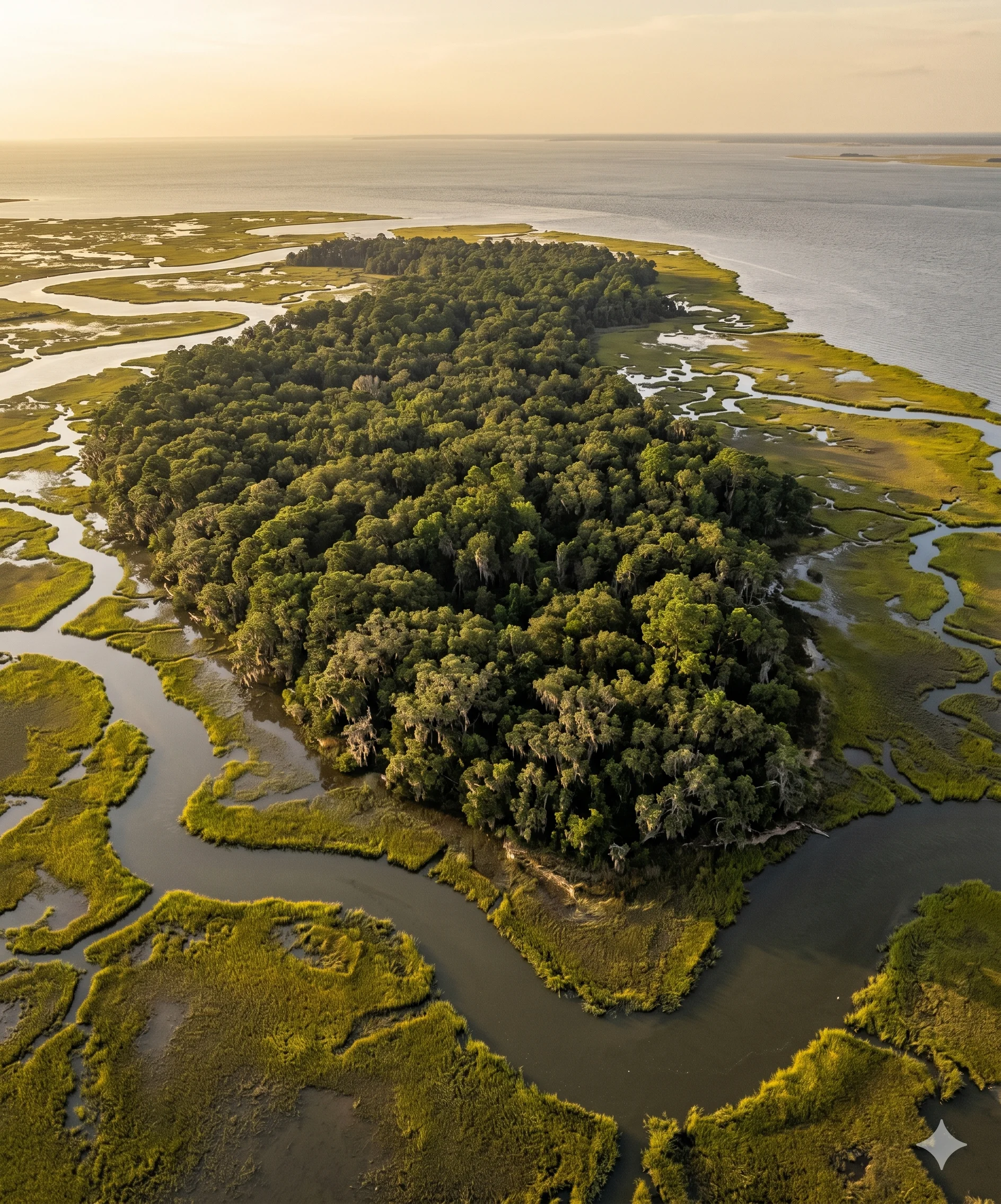 Aerial view of Daufuskie Island South Carolina surrounded by tidal marsh and open water