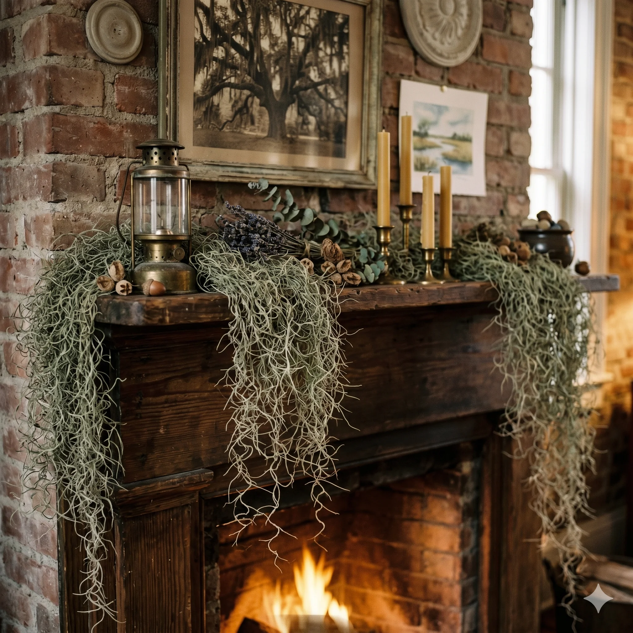 Spanish moss draped over fireplace mantel with candles and lantern, Southern home decor