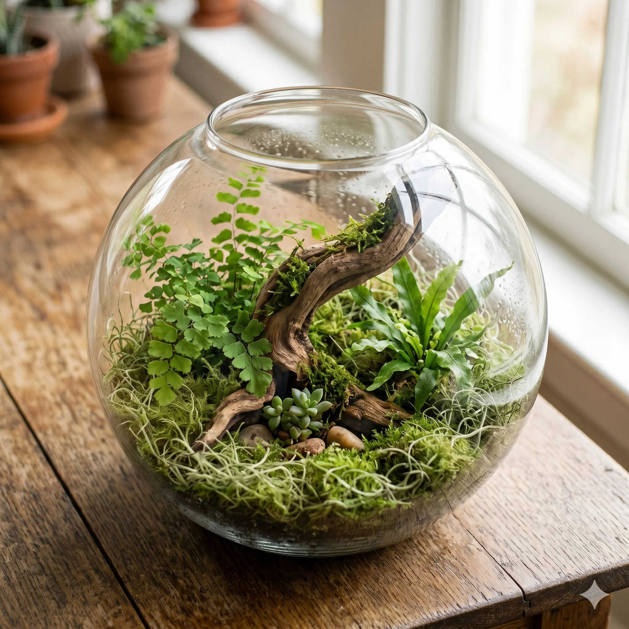 Glass terrarium with Spanish moss ground cover, ferns and driftwood