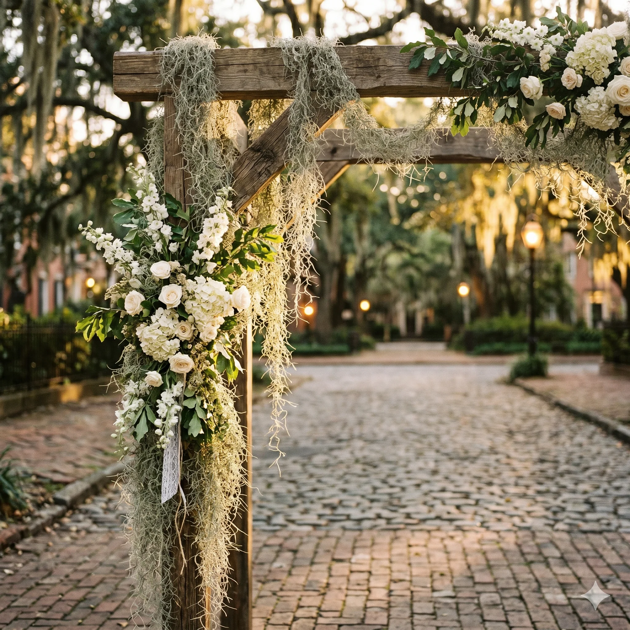 Spanish moss draped over rustic wooden wedding arch with white flowers, Savannah cobblestone street